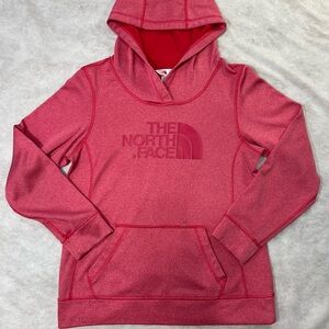 The North Face Women’s Medium Hoodie Pink Fleece Lined Pullover Front-Back Logo